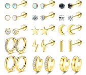 15Pares Pendientes Cartilago Oreja Para Mujer Hombre Plata Oro Negro, 20G Acero Quirurgico Pendientes Hipoalergenicos CZ Huggie