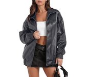 PU Leather Jacket Long Sleeved Lapel Zipper Side Pocket Casual Trench Coat for Women
