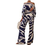 Conjunto de dos piezas para mujer, top y pantalón estampados, azul marino, blanco, mangas murciélago, pantalón de pernera ancha entallado, conjunto de moda a rayas