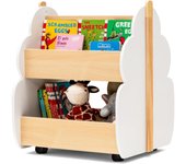 Estantería Infantil de Madera con Ruedas, Librería para Niños de 2 Niveles, Estantería para Juguetes, Multifuncional Organizador de Libros para Salon, Dormitorio de los Niños (Blanco)