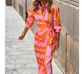 Women's New Fashion Printed Shirt Collar Tie Mid-Length Striped Long Sleeve Dress