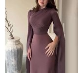 Fashion Satin Solid Robe Ladies Temperament O-neck Slim Evening Elegant Batwing Sleeves High Waist Pleats Long Dress