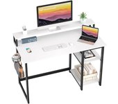 Escritorio de Ordenador con Soporte de Monitor, Escritorio de Oficina con Estantes de Almacenamiento Ajustables, Pequeño Escritorio Reversible para el Estudio, Blanco