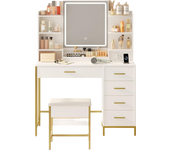 Tocador de Maquillaje con Taburete, Espejo HD y Luces LED Ajustables, con Enchufe y USB, 5 Cajones y 10 Compartimentos, Moderno, Blanco-Dorado, DT351HDT