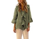 Women's V-neck shirt, flying sleeve 3/4, seam design with ruffles, jersey, loose casual blouse