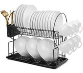 Escurreplatos Acero Inoxidable Dos Niveles Escurreplatos Negro con Cesta De Cubiertos, Bandeja De Goteo De Soporte De La Taza pa
