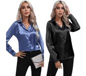 2 Pack Women Daily Long Sleeve Blouse Lapel Pullover Basic Shirt Black and Blue S