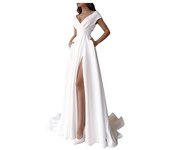 Vestido de noche Blanco para Mujer Vestido formal Largo de color lyso con apertura y cinturón Alto Vestido de Fiesta sin Mangas with escote en V SSITO