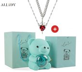 Luxury Hot Red Zircon Heart & Dagger Pendant Double Couple Necklace Set with Real Preserved Rose & Teddy Bear – Romantic Jewelry Gift for Mother’s Day, Valentine’s Day, Birthday & Anniversary