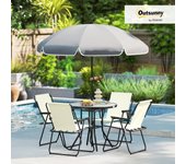 Conjunto de Mesa y Sillas Jardín de 6 Piezas Muebles de Jardín Exterior con 4 Sillas Plegables Mesa de Vidrio y Sombrilla para Terraza Patio Gris
