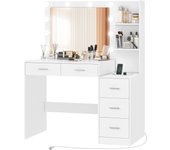 110cm Tocador de Maquillaje con Espejo Grande y Luces LED, Mesa de Maquillaje con 5 Cajones, 2 Estantes Abiertos, Mesa de Tocador con Estación de Carga,Tocador para Niñas, Blanco