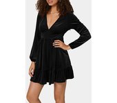 2025 Autumn/Winter Women's V-neck Lantern Sleeve Gold Velvet Ruffle Edge Dress