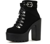 Gdgydh Lace Up Women Platform Boots Adjustable Buckle Strap Chunky Heel Autmn Boots Lug Sole Zipper Black Suede Gothic Shoes