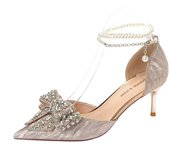 2024 new style women's shoes/sandals/high heels/stilettos/pointed toes/spring/summer/autumn/winter/banquet/wedding/work/leather/Champagne (6.5)