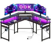 Mesa Gaming con LED, Escritorio Gaming con Enchufes y Puertos USB, Mesa Escritorio Gaming con Soporte para Monitor, Blanco, 129x129 cm
