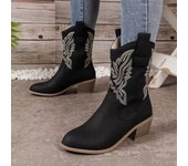 Bordado Western Cowboy Boots Mujeres PU Cuero Largo Tobillo Botas Puntiagudas Chunky Heel Knee High Boots