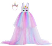 Long Tail Unicorn Dress for Girls Birthday Party Dress Elegant Baby Girl Princess Carnival Costume Hairband Pastel Rainbow Gown
