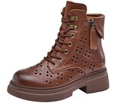 2025 nuevas botas huecas de cuero Martin plataforma para mujer versión coreana cremallera de doble cara botas de cuero para mujer zapatos casuales con cordones