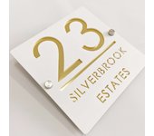 House number sign with mirror, acrylic, custom, white, black, gold and gray, external address, name, door, room, 3D letter board