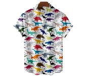 Black And  Simple Men's Shirt Cute Dinosaur Print Clothing Lapel Oversized Short Sleeve Fashion Street Tops