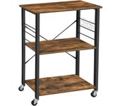 Estantería de Cocina con Ruedas, Carrito de Servicio de 3 Niveles, Estantería para Microondas, Horno, Tostadora, Marco de Metal con 6 Ganchos, Marrón Rústico y Negro KKS60XV1