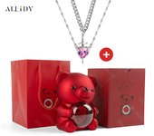 Luxury Hot Red Zircon Heart & Dagger Pendant Double Couple Necklace Set with Real Preserved Rose & Teddy Bear – Romantic Jewelry Gift for Mother’s Day, Valentine’s Day, Birthday & Anniversary