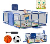 Bebe  Pelota de Fútbol y Baloncesto - Corralito Plegable 180 x 120 x 60cm - Parque de Juegos Con Malla Transpirable - Centro de Actividades Gimnasio Parque Cuna Azul