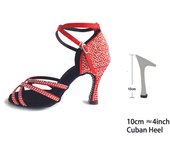 Women Dance Shoes Salsa Passion Style Red Satin Rhinestones on Sole 10cm to 6cm Customized Dance Shoes Latin