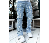 High Street White Men's Stacked Jeans Stretched Patchwork Tassel Damaged Denim Full Length Pants Hip-pop Trousers For Male