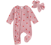 Baby Girls Valentines Day Foot Cover Jumpsuit Long Sleeve Crew Neck Heart Print Ruffle Zipper Footies with Headband 0-6M