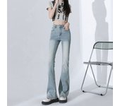 American style micro flared jeans for women in autumn, high waist slimming stretchy, small and washed blue horseshoe pants