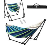 Anyoo Hamaca y Silla Hamaca de Algodón con Soporte Plegable, Set de Soporte de Hamaca Portátil de Doble Uso para Hamacas de Interior y Exterior Jardín Terraza Patio Camping Cubierta