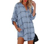 Women's shirt, long sleeved V-neck top, checkered print