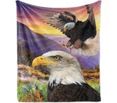 Eagle Throw Blanket, American Indigenous Savage Bird Flying Open Winds on Meadow Sunset Landscape, Flannel Fleece Accent Piece Soft Couch Cover for Adults, Dark Brown Violet