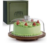 Soporte para tartas con tapa de cúpula, plato giratorio de madera de acacia con tapa, soporte de exhibición de pasteles de madera con cúpula acrílica, giratorio