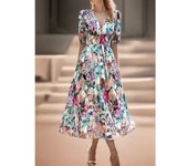 2025 vestido de verano cintura temperamento cintura con cuello en V impreso vestido largo mujer