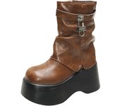 Women's High Platform Motorcycles Boots Winter 9CM Wedge Heels Mid-calf Boots Female Chunky Sneakers Autumn Leather Boots Woman