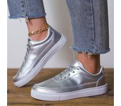 Zapatos planos metalizados para mujer, zapatos casuales con cordones para exteriores, zapatos cómodos de corte bajo