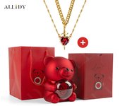 Luxury Hot Red Zircon Heart & Dagger Pendant Double Couple Necklace Set with Real Preserved Rose & Teddy Bear – Romantic Jewelry Gift for Mother’s Day, Valentine’s Day, Birthday & Anniversary