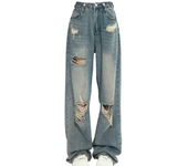 Woman High Waist Denim Straight Leg Ripped Trousers Female High Street Designer Pants Girls Blue Wide Leg Jeans Large Size