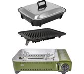 Camping Gas | Cocina Portatil | Kit Grill - Parrilla Fundicion Aluminio + Plancha Con Tapa Cocción | Con Bandeja Recoge Grasas De Acero Inoxidable | 1,8 Kw Potencia