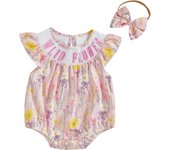 Pudcoco Infant Baby Girl Summer Romper Fly Sleeve Round Neck Floral Print Smocked Bodysuit Newborn Playsuit