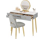 Dressing Table with Mirror Adjustable Light, 3 Drawers, with Velvet Stool Grau+Gold