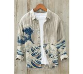-Kanagawa Cardigan de or Mixed Vintage Men's Hawaiian Long Sleeve Shirt, 3D Printed Polo Neck, New