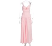 2025 summer new solid color fashion elegant temperament suspender backless V-neck mid-waist dress