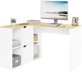 Mesa Escritorio Esquinero en L con 4 Estanteria + 2 Armarios - 120 cm Escritorio Ordenador de Oficina, Mesa Estudio con Doble Tablero para 2 Ordenadores, 118x100x75 cm