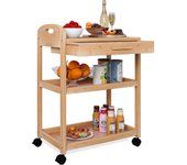 Carro de Cocina sobre Ruedas con cajón y estantes, Estante rodante de bambú de 3 Niveles con encimera de Madera Maciza y Ruedas bloqueables (Natural)