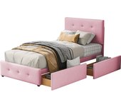 Cama tapizada 90 x 200 cm (sin colchón) Cama con somier, respaldo y dos cajones, tejido de terciopelo agradable a la piel Cama individual plana beige Cama infantil Cama juvenil Cama de invitados (Rosa)