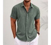Cárdigan de algodón y lino con doble tapeta para hombre, camisa de color sólido de manga corta, solapa de manga corta