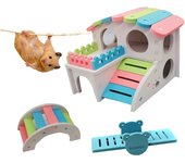 3 Piezas Juguetes para Hámsters, Escondite para Animales Pequeños, Puente Arco Colorido, Balancín, Casa Arco Iris, con Escalera